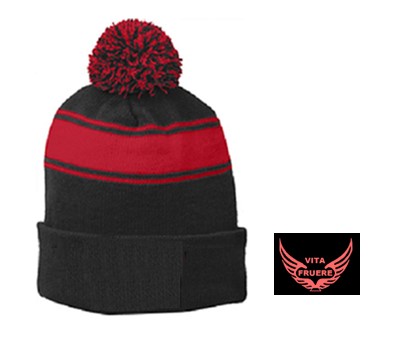 38 Beanie - Black with Red Band and POM - Red Logo